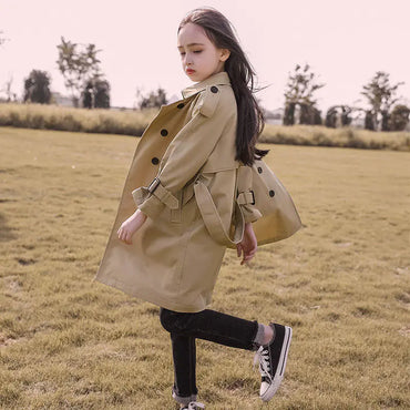 British Style Long Trench Coat for Girls in Spring/Fall