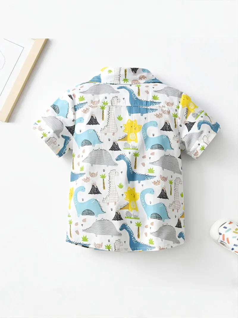 Boys Cartoon Dinosaur Print Button-up Shirt