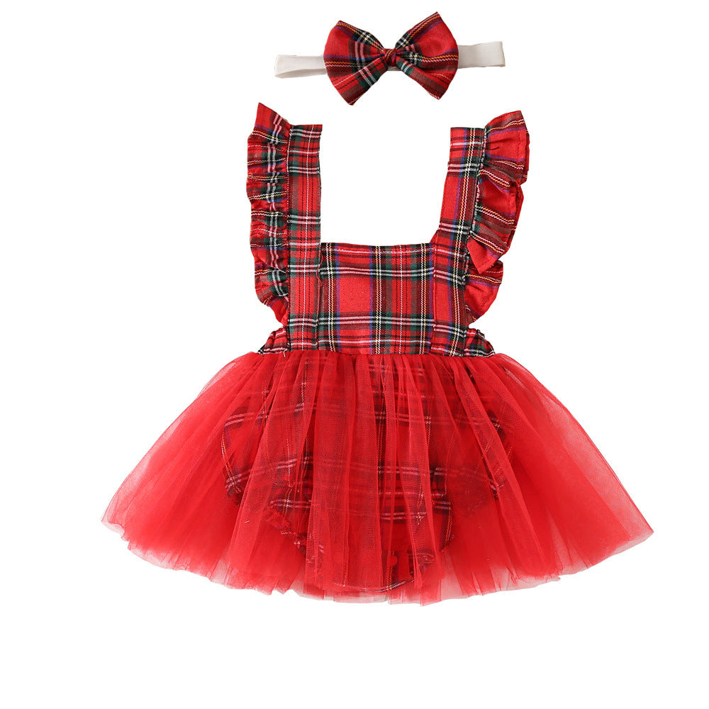 Christmas Plaid Baby Romper - Mesh Skirt Dress