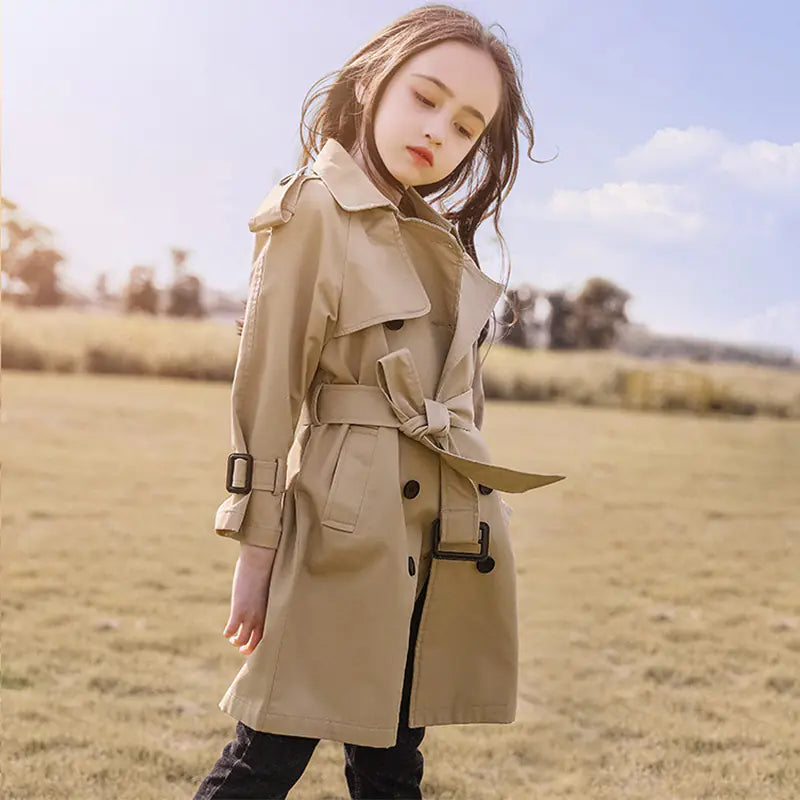 British Style Long Trench Coat for Girls in Spring/Fall