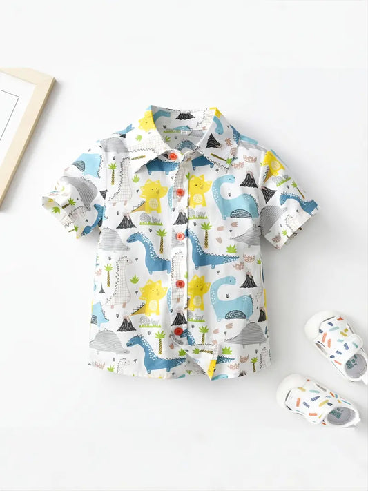 Boys Cartoon Dinosaur Print Button-up Shirt