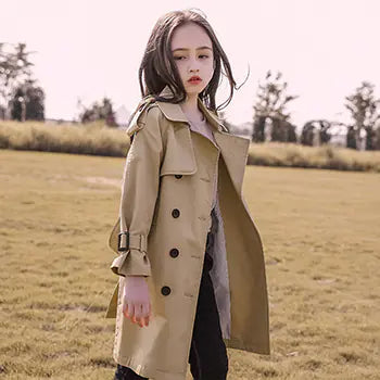 British Style Long Trench Coat for Girls in Spring/Fall