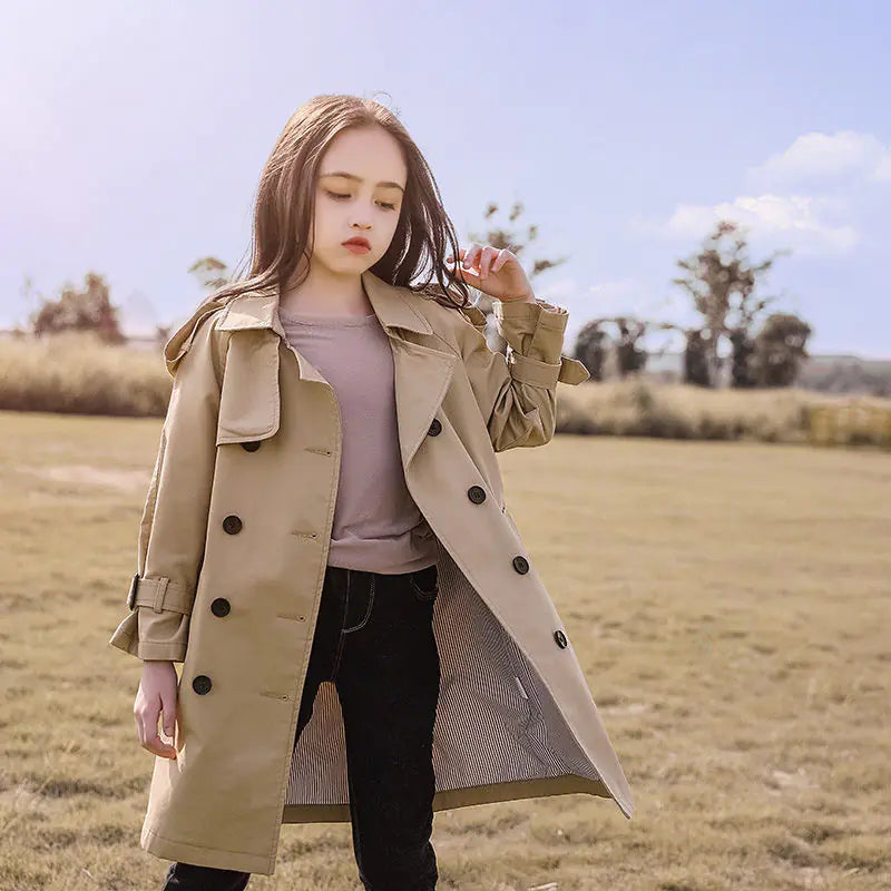 British Style Long Trench Coat for Girls in Spring/Fall