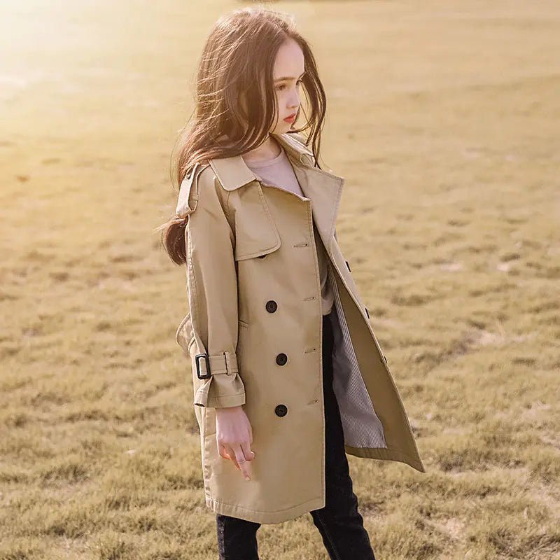 British Style Long Trench Coat for Girls in Spring/Fall